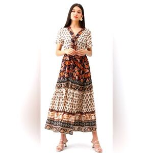 R Vivimos BOHO BOMSHELL FLORAL MAXI DRESS Size Medium Tiered MIDI Prairie